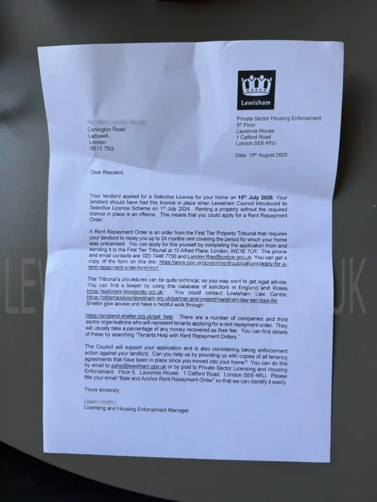 A copy of one of the letters Lewisham Council sent to the residents of Bale & Anchor